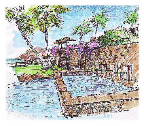 500x437 Perspective Sketch Of Tropical Beach Resort Quick - Tropical Beach Sketch