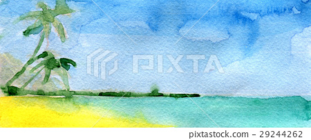 450x203 Watercolor Sketch Of Tropical Beach With Palm - Tropical Beach Sketch