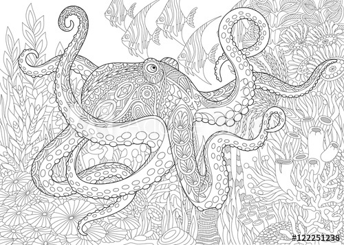 500x357 Stylized Composition Of Octopus (Poulpe), Tropical Fish - Tropical Fish Sketch