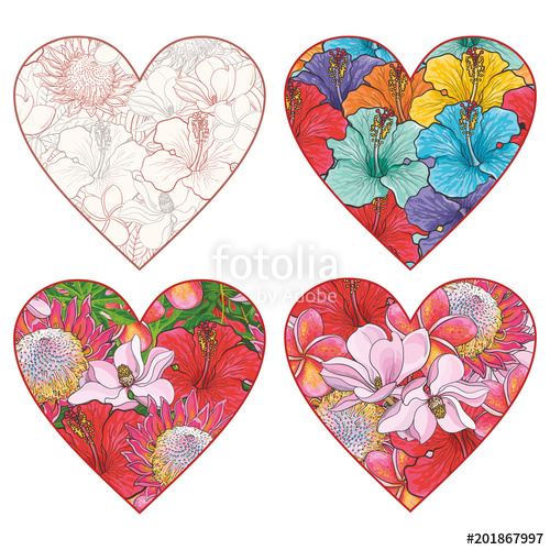 500x500 Tropical Flowers In Form Of Heart Vector Set In Sketch Style - Tropical Flower Sketch