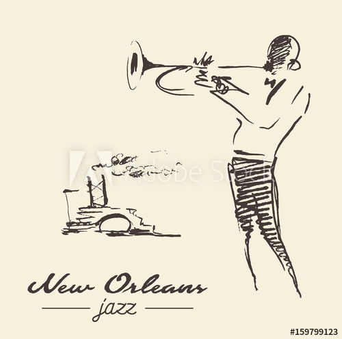 500x496 New Orleans Jazz Poster Trumpet Drawn Sketch - Trumpet Drawing Sketch