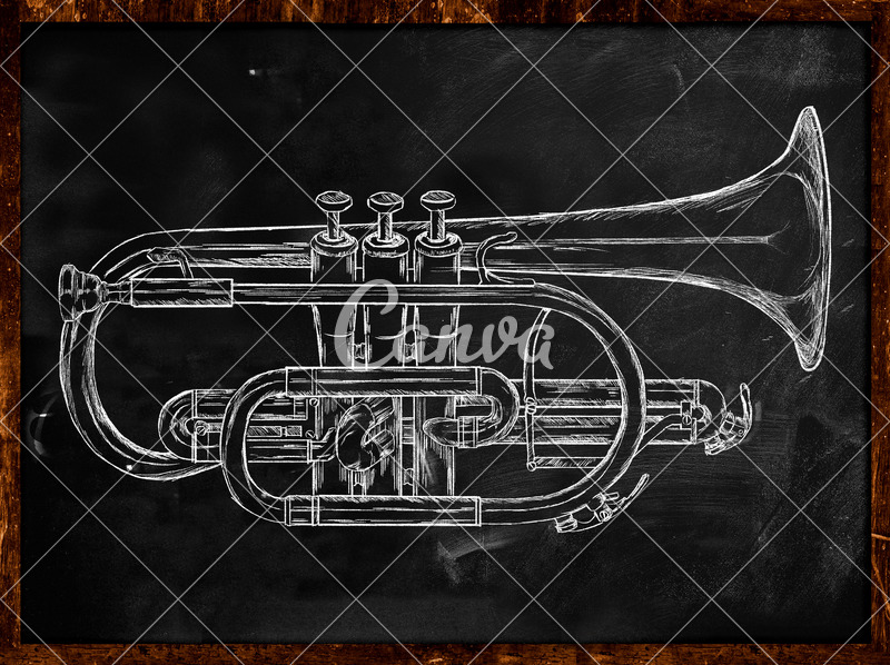 800x598 Trumpet Sketch On Blackboard - Trumpet Drawing Sketch