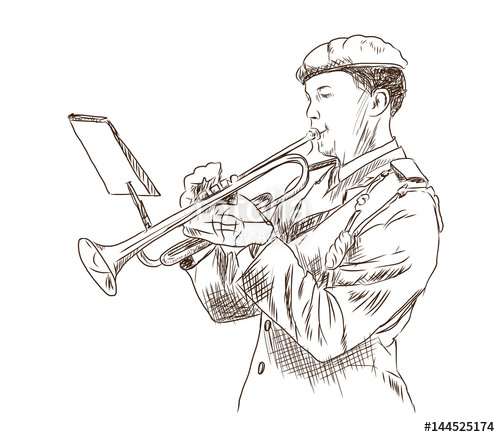500x437 Hand Drawn Sketch Of Person Playing Trumpet In Vector Illustration - Trumpet Sketch