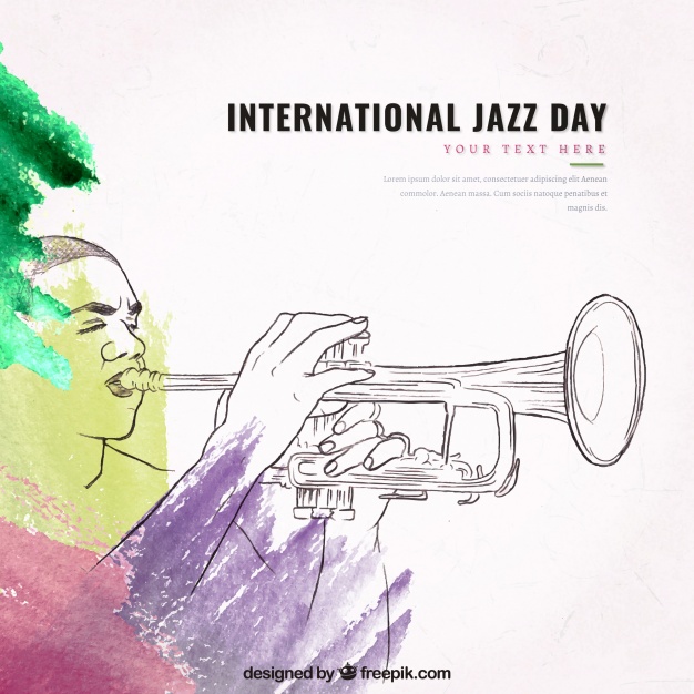 626x626 Watercolor Jazz Background With Trumpet Sketch Vector Free Download - Trumpet Sketch