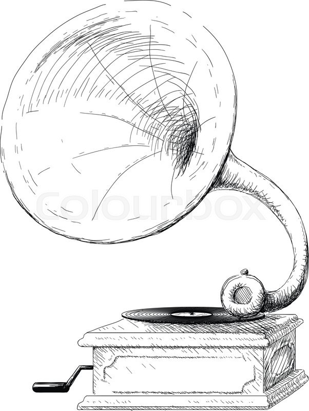 602x800 Doodle Sketch Of An Old Classic Gramophone With Trumpet And Plate - Trumpet Sketch