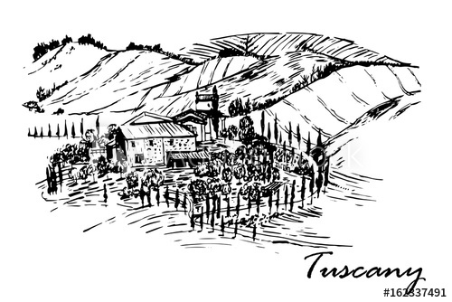 500x334 Drawing Beautiful Landscape Of Tuscany Fields With The Beautiful - Tuscany Sketch