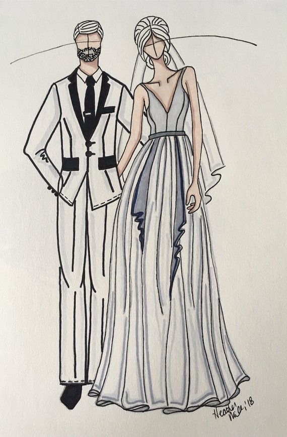 570x869 Couples Wedding Dress And Tuxedo Sketch Etsy - Tuxedo Sketch