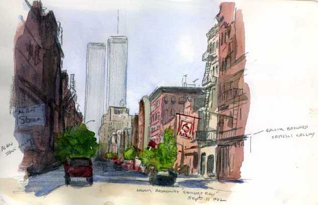 633x409 New York Twin Towers Painting, Watercolour Gouache - Twin Towers Sketch