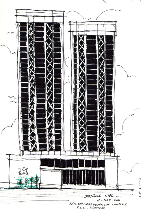488x750 Architecture Sketch Eric Williams Financial Complex, Port Of - Twin Towers Sketch