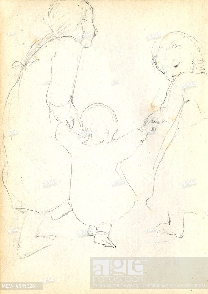 699x990 Pencil Sketch Of Two Girls Helping A Toddler To Walk, Stock Photo - Two Girls Sketch