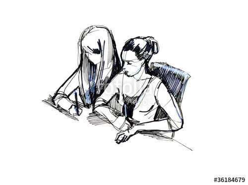 500x373 Sketch Of Two Girls In The Classroom - Two Girls Sketch