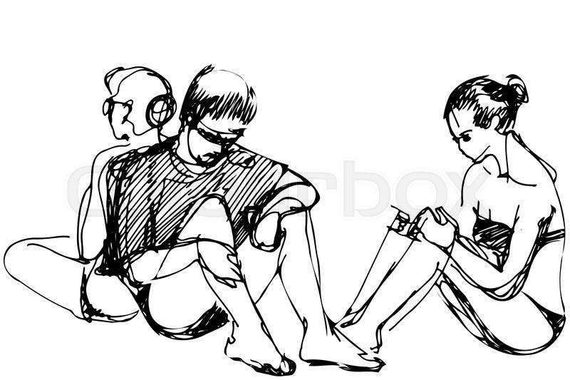 800x533 Vector Sketch Of A Guy And Two Girls Resting On The Beach Stock - Two Girls Sketch