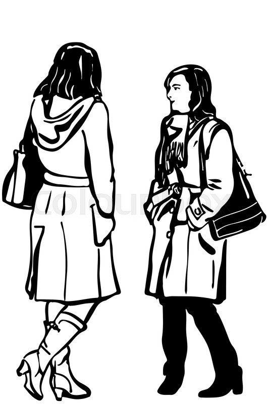 533x800 Black And White Vector Sketch Of Two Women Friends In Coat - Two Girls Sketch