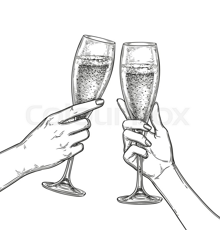 767x800 Two Hands Clinking Glasses Of Champagne. Ink Sketch Isolated On - Two Hands Sketch