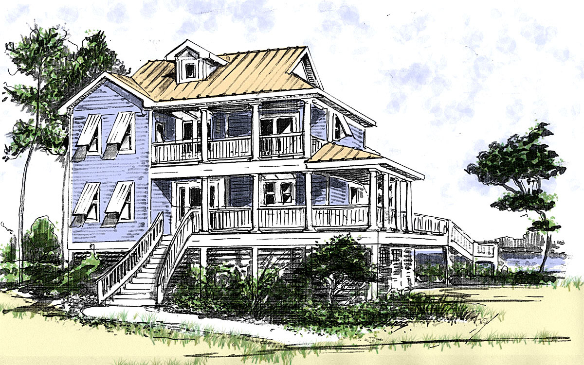 1200x751 Beach House Plan With Two Story Great Room - Two Story House Sketch