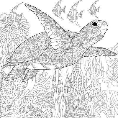 400x400 Stylized Cartoon Underwater Composition Of Turtle (Tortoise) And - Undersea Sketch