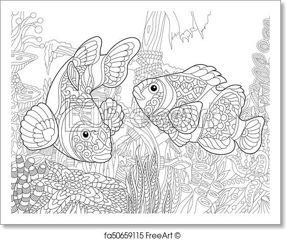 560x470 Free Art Print Of Zentangle Stylized Underwater World. Coloring - Undersea Sketch