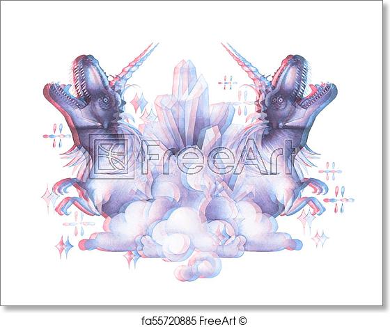 560x470 Free Art Print Of Watercolor Tyrannosauruses With Unicorn Horn And - Unicorn Horn Sketch