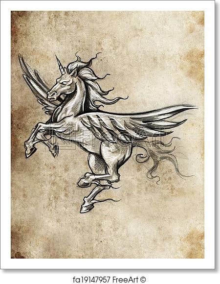 450x580 Free Art Print Of Tattoo Unicorn Sketch, Handmade Design Over - Unicorn Sketch
