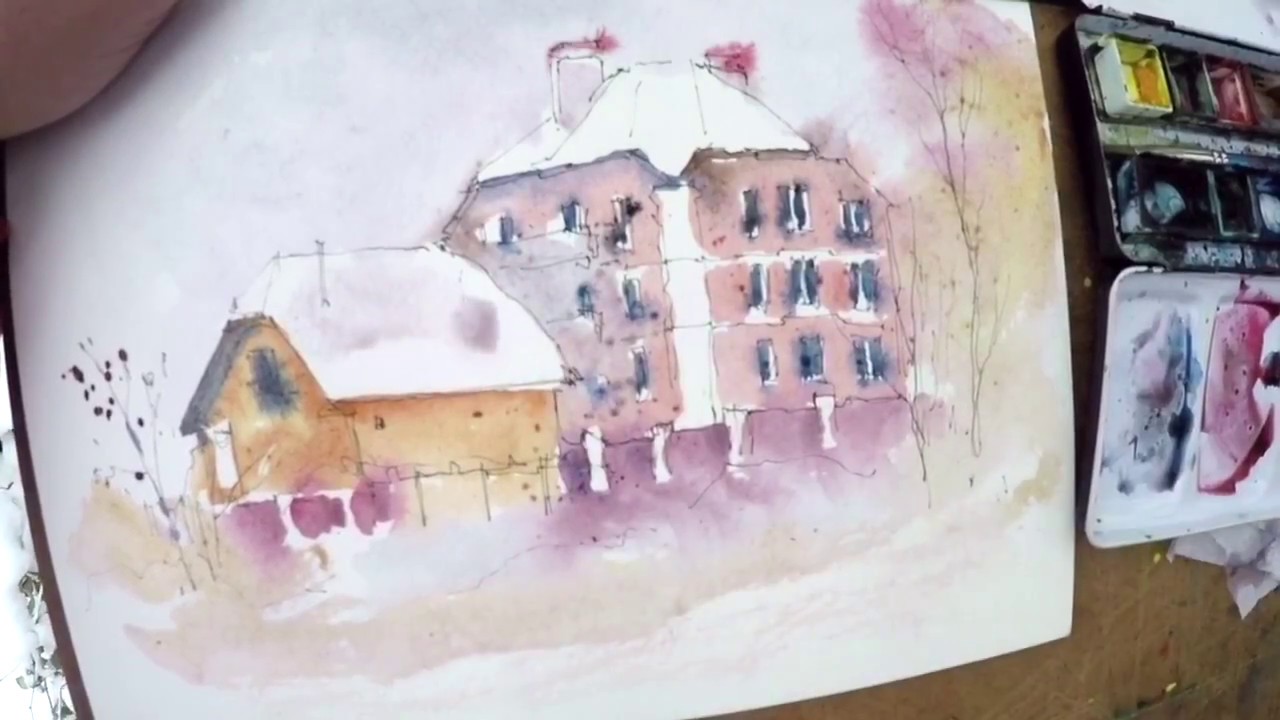 1280x720 Outdoor Watercolor Sketching Of An Urban Landscape Winter Plein - Urban Landscape Sketch