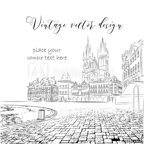 500x500 Vintage Sketch Of The Urban Landscape. The Old City Of Prague - Urban Landscape Sketch