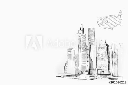 500x334 Sketch Of Skyscraper On White Background. Manhattan And The Usa - Usa Map Sketch