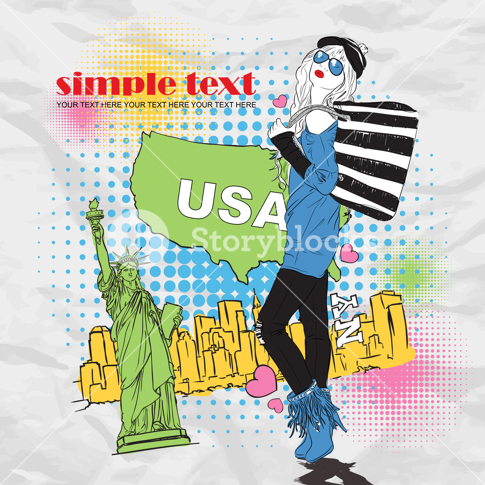 1000x1000 Fashion Girl With Bag In Sketch Style On A Usa Background. Vector - Usa Sketch