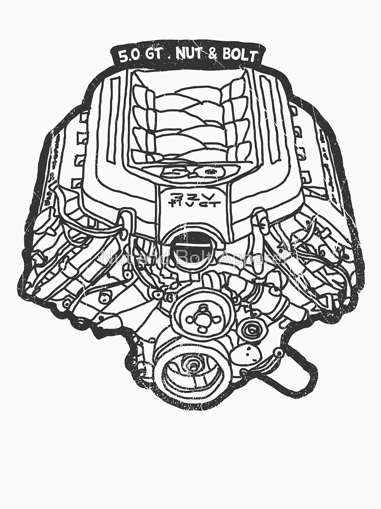 750x1000 Ford Mustang Gt 5.0 V8 Engine Classic T Shirt By Nutandbolt - V8 Engine Sketch