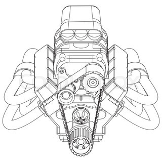 320x320 Hot Rod V8 Engine Drawing On A Blue Background Stock Vector - V8 Engine Sketch