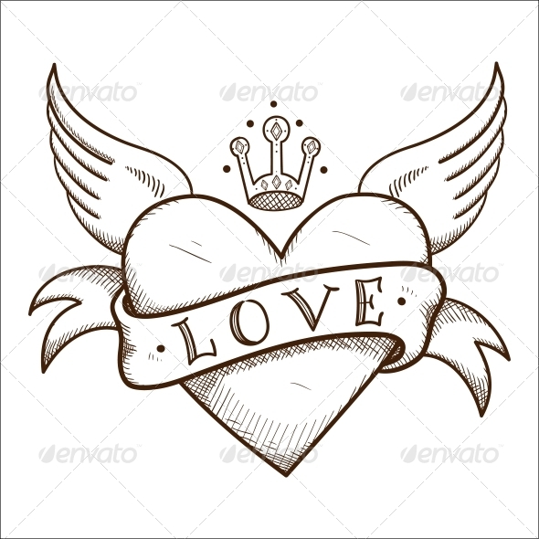 590x590 Heart With Banner And Crown. By Chuhastock Graphicriver - Valentine Heart Sketch