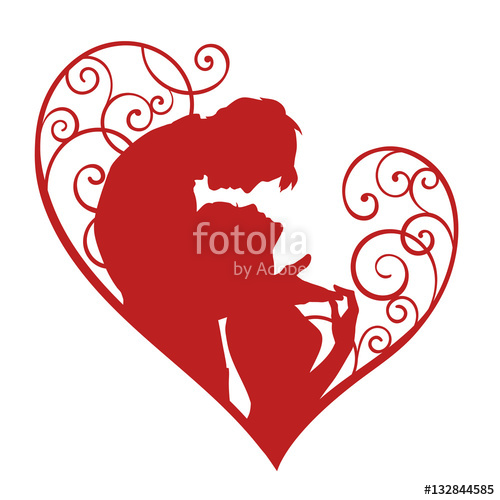 500x500 Loving Couple In Decorative Heart. Red Sketch Silhouette Isolated - Valentine Heart Sketch