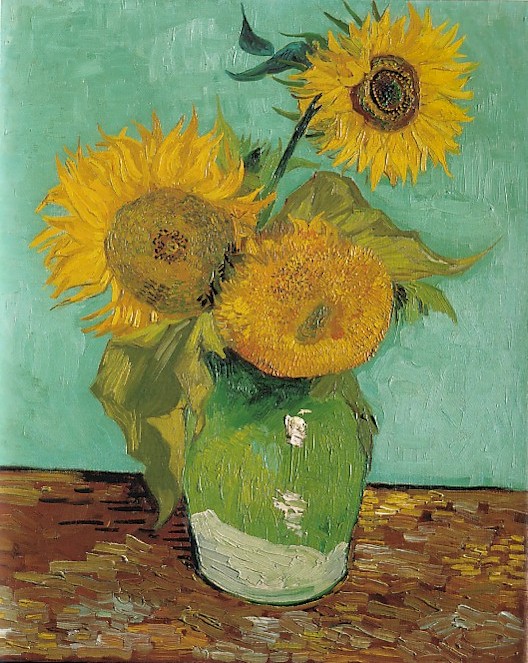 528x663 Vincent Van Gogh The Paintings (Three Sunflowers In A Vase) - Van Gogh Sunflower Sketch