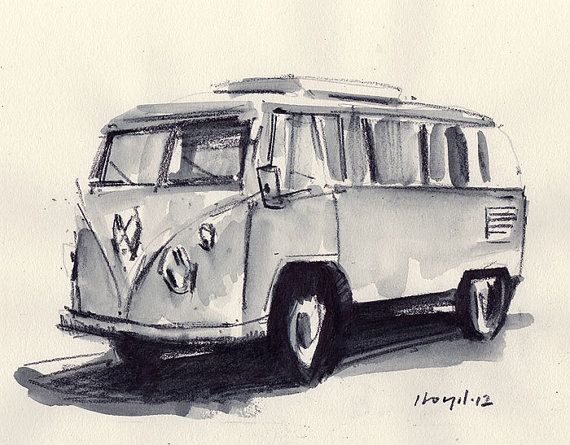 570x445 Original Retro Car Art Sketch 5x7 Vw Bus Kombi Van Line And Wash - Van Sketch