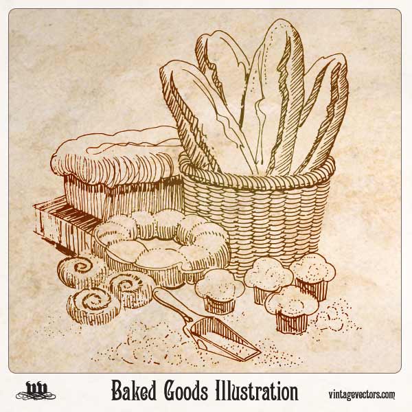 600x600 Vector Art Baked Goods Illustration Folk Art Sketch Of Bread - Vector Art Sketch