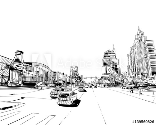 500x400 Las Vegas City Hand Drawn.usa. Nevada. Street Sketch, Vector - Vegas Sketch