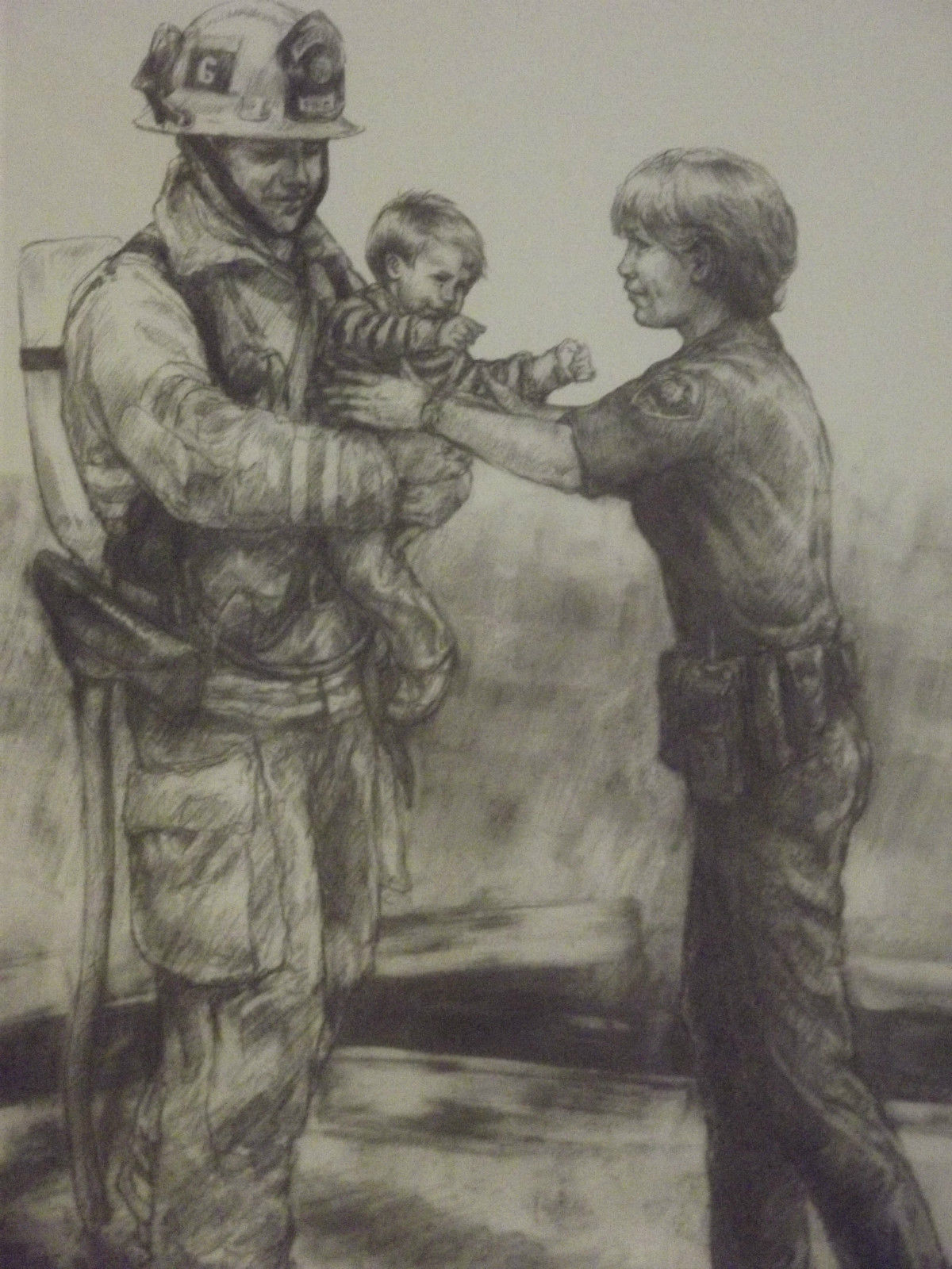 1200x1600 Vel Miller Charcoal Drawing Of Fireman With Child And Police - Vel Miller Sketch