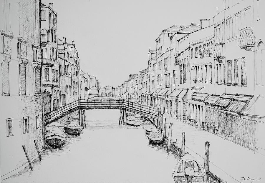 900x622 Venice Wooden Bridge Sketch Painting By Dai Wynn - Venice Sketch