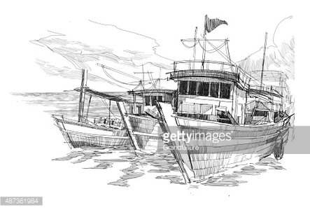 443x300 Fishing Boats In A Harbor Sketch Stock Vectors - Vessel Sketch