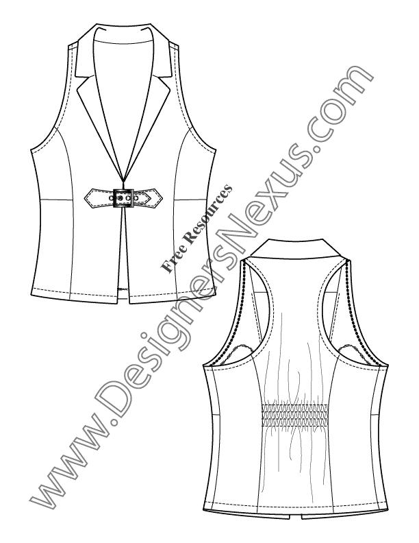612x792 Notched Collar Vest With Back Smocking V11 Flat Fashion Sketch - Vest Sketch