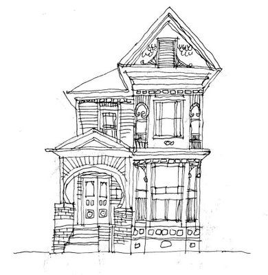 390x400 Old House Line Drawing - Victorian House Sketch