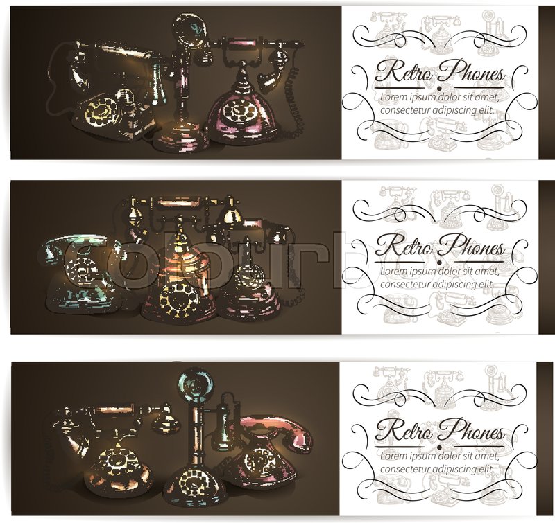 800x755 Retro Phone Sketch Banner Set With Vintage Rotary Dial And - Vignette Sketch