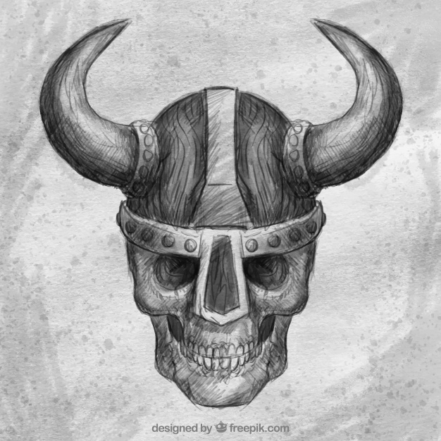 Skull Sketch Background With Viking Helmet Vector Free Download - Viking He...