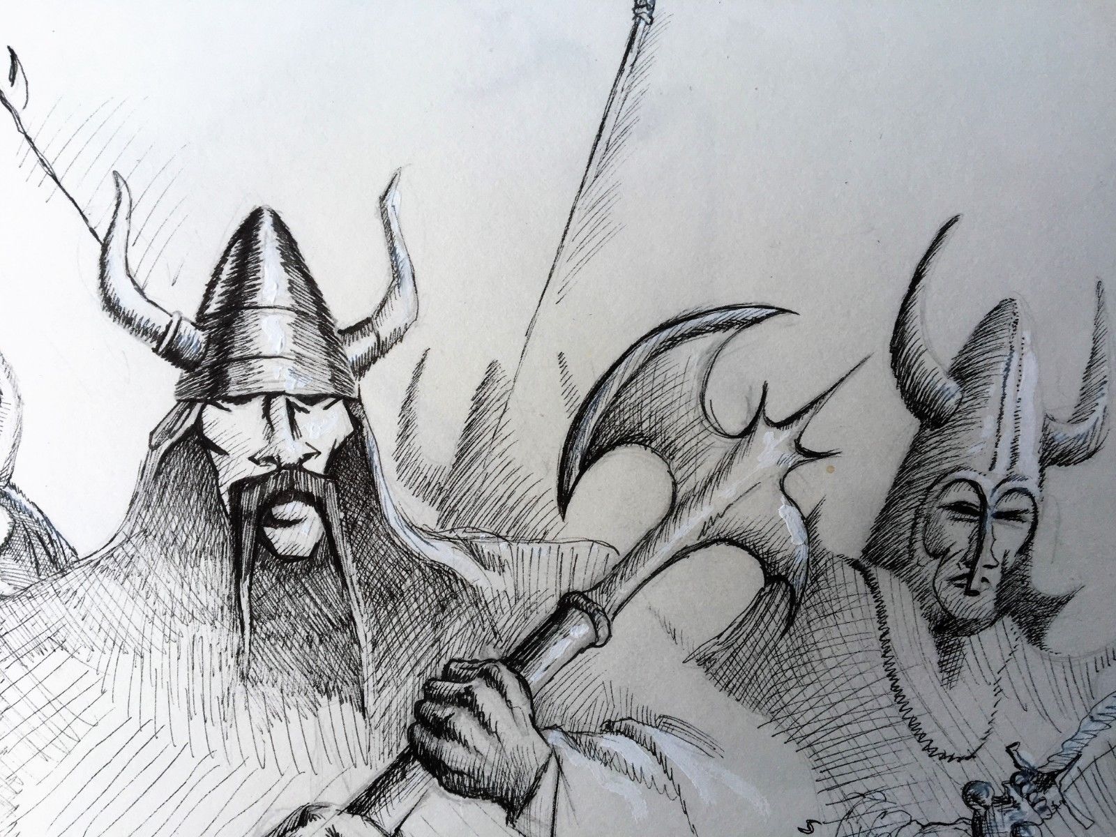 1600x1200 Art Original Ink Sketch Drawing Signed Original 2018 Ooak Viking - Viking Helmet Sketch