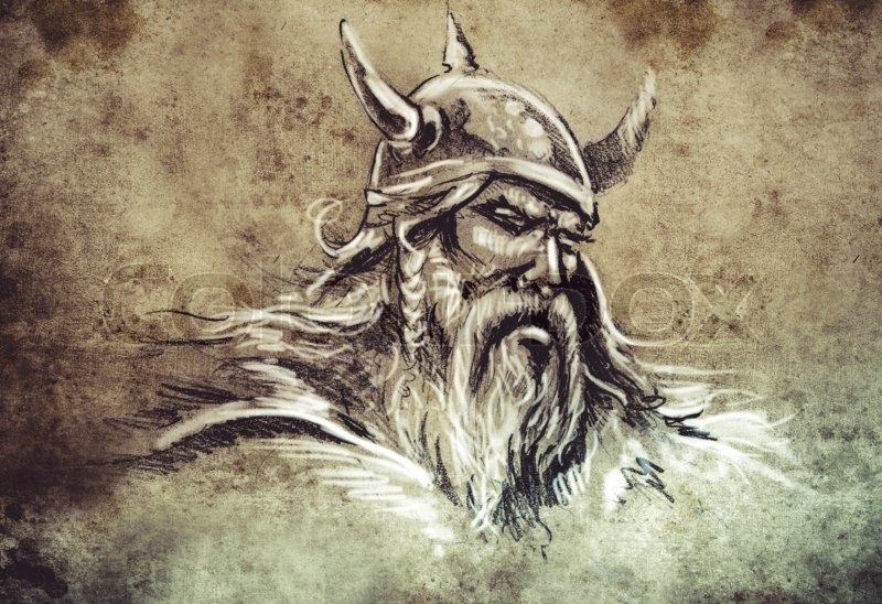 800x548 Viking, Tattoo Sketch, Handmade Design Over Vintage Paper Stock - Viking Sketch