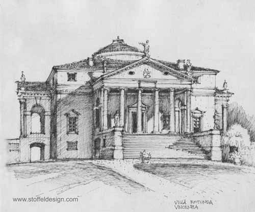 500x415 Sketch Of The Villa Rotonda, Vincenza, Italy (Print) Arte - Villa Sketch
