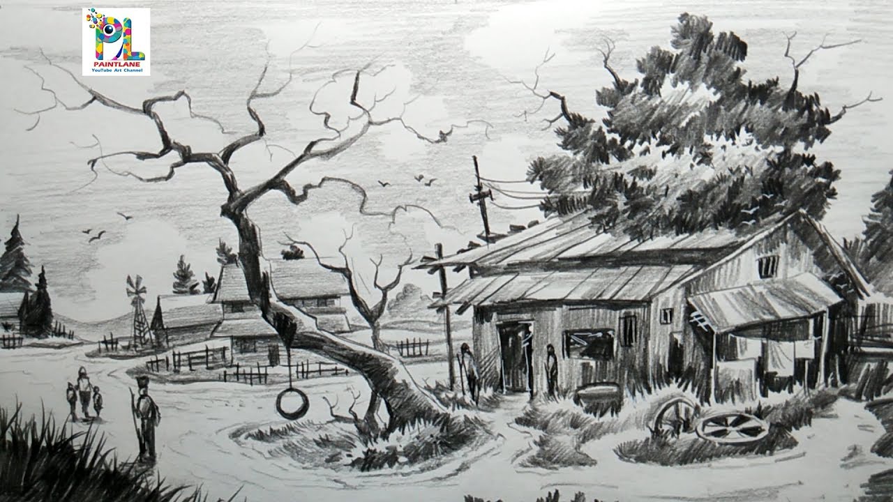 1280x720 How To Draw Easy And Simple Village Scenery With Pencil Step By - Village Drawing Sketch