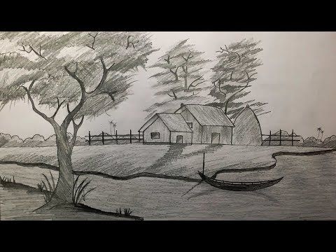 480x360 How To Draw Village Scenery With Shadow Scene By Pencil Sketch - Village Drawing Sketch