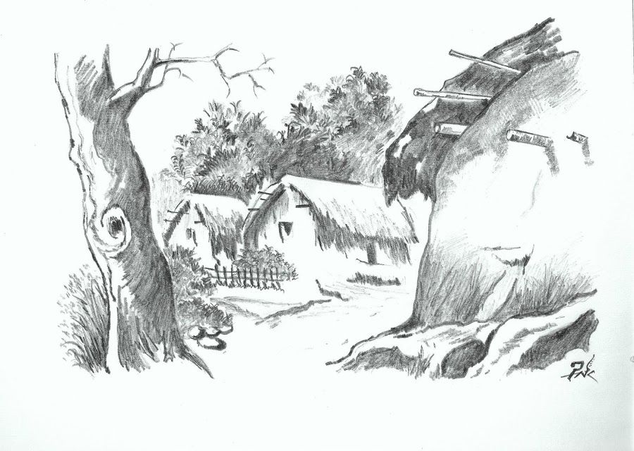 900x640 Pictures Drawing Village Nature By Pencil And Sketch, - Village Drawing Sketch