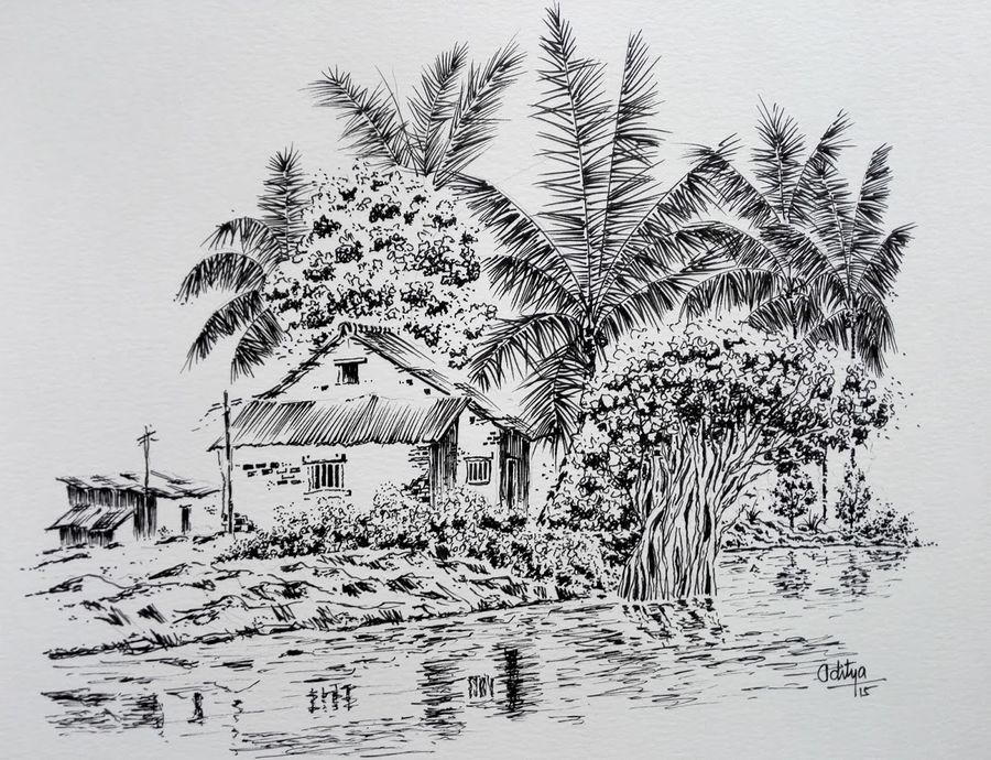 900x690 Sketches Ink Sketch Village House House By River Painting By - Village Drawing Sketch