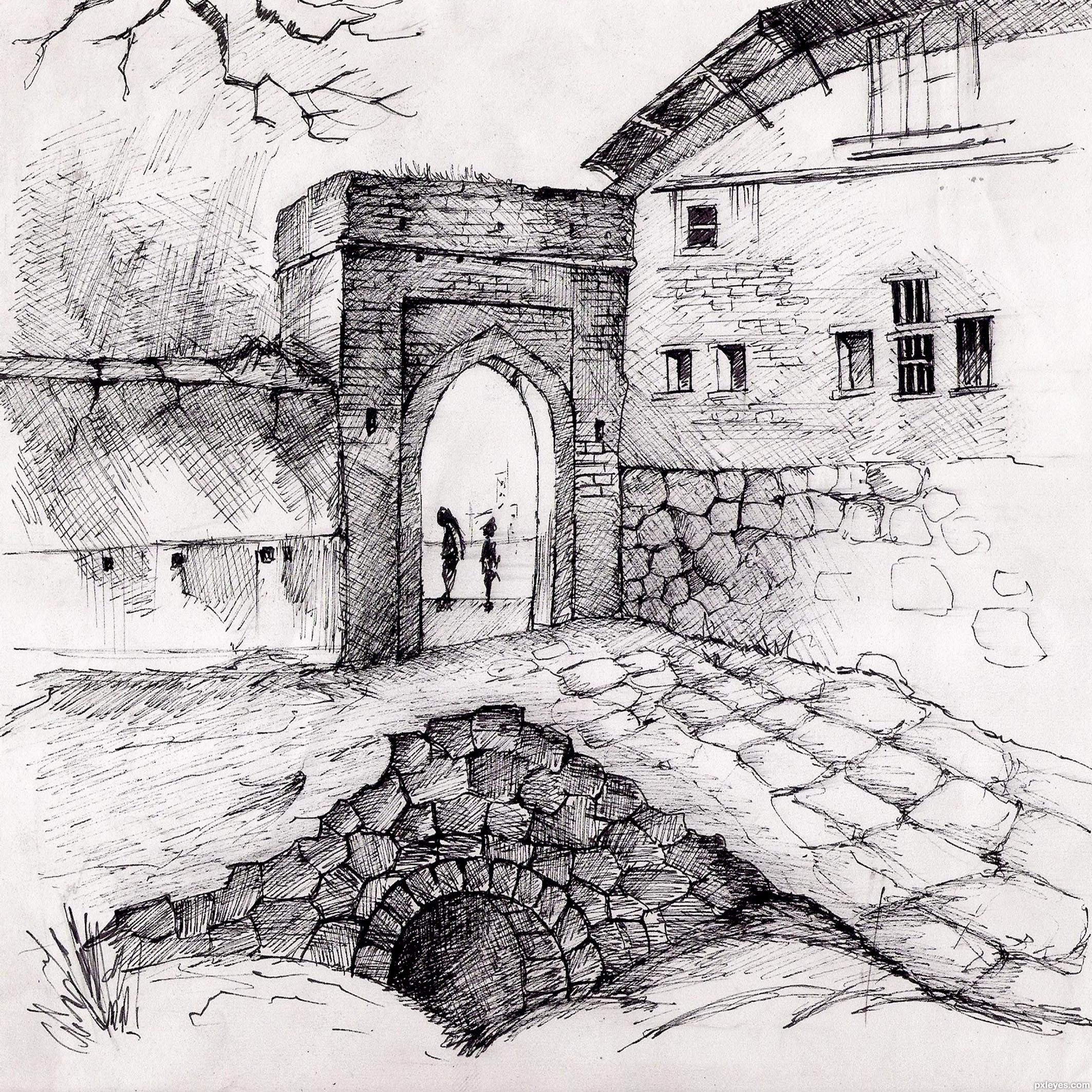 Village Scene Pencil Drawing